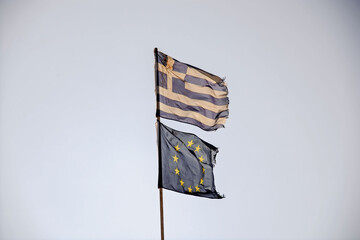 Flaga Grecji i Unii Europejskiej - obrazy, fototapety, plakaty