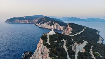 Fototapeta na wymiar Aerial drone view photo of lighthouse in Cape Lefkada the Southest part of the island, Ionian, Greece