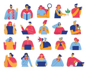 Set of people, men and women read book, work on laptop, search with magnifier, communicate. Vector graphic objects for collages and illustrations.