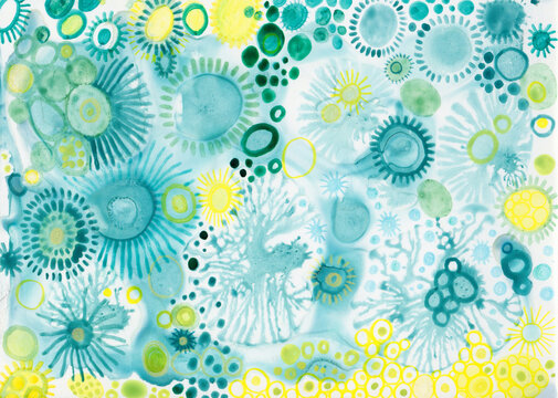Blue and yellow watercolor bacterias