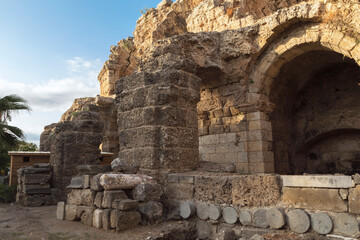 Naklejka premium Turkey, Side - October 05 2019: Ancient City of Side. Ruins of an ancient Roman city founded in the 7th century BC.