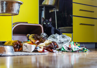 An overturned garbage can and a pile of garbage in the kitchen against the backdrop of a yellow...