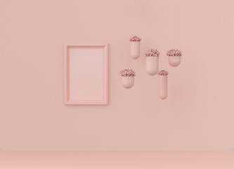Interior room in plain monochrome light pink color with single plant and single vertical picture frame. Light background with copy space. 3D rendering
