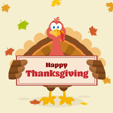 Thanksgiving Turkey Bird Cartoon Mascot Character Holding A Sign. Vector Illustration Flat Design With Background