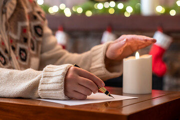 Woman writing wish list using fountain pen on sheet of paper at christmas fireplace with decoration of light bulbs and candle on table.