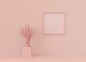 Interior room in plain monochrome light pink color with single plant and single square picture frame. Light background with copy space. 3D rendering