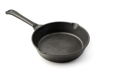 Cast iron frying pan isolated on a white background. Concept of kitchen utensils.