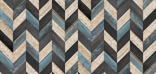 Weathered wooden planks texture. Grunge parquet floor with chevron pattern. Seamless colorful wooden wall.  - 390212742