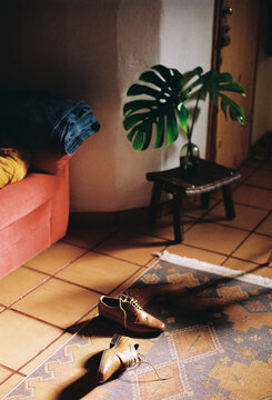 interior of a cozy living room with shoes thrown on the floor and monstera leaves.