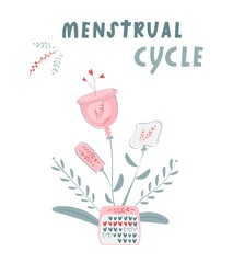 Menstrual cycle concept. Eco friendly menstrual cup in the shape of flowers. Isolated female hygiene product. Trendy vector cartoon flat illustration.