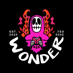 Skull reading a book in flame with wonder typography, illustration with hipster style. Vector graphics for t-shirt prints and other uses.