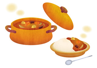 お鍋とお皿のカレーライスの素材イラスト