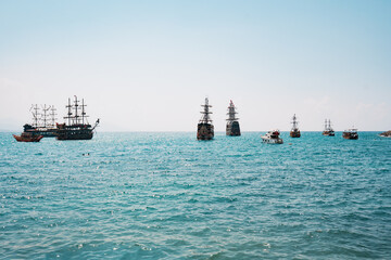Sailboat in the sea on a beautiful day, luxury summer adventure, active vacation in Mediterranean sea, Turkey