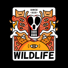 Skull, two little cat, and eyes with wildlife typography, illustration with hipster style. Vector graphics for t-shirt prints and other uses.