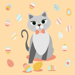 Grey cute cat and Easter eggs. Cat playing with chicken eggs. Colorful bright eggs in stripes, with stars in pink blue yellow. Vector illustration. happy Easter