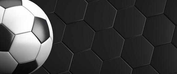 Football banner. Cropped soccer ball on a dark background. Copy space.
