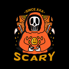 Skull in hype style wearing hoodie and holding emoji face, with scary typography, illustration with hipster style. Vector graphics for t-shirt prints and other uses.