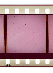 blank or empty 35mm cine film strip with scratches and signs of usage isolated on white background.