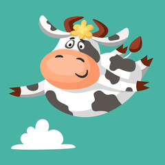 Obraz na płótnie Canvas A cute funny black and white spotted cow flies in the sky. Cartoon vector illustration