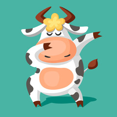 A cute funny black and white spotted cow in a dabbing pose. Cartoon vector illustration