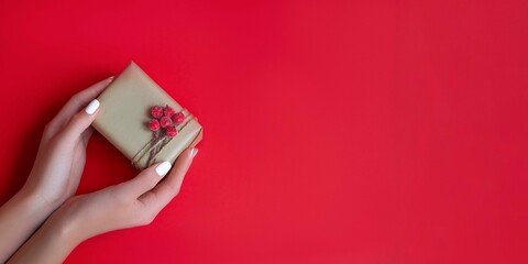 Female's hands holding Christmas gift box  with  holiday decoration on red background . Christmas and New Year banner.