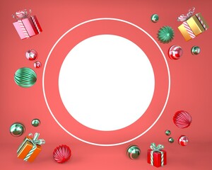 Christmas frame made of festive decorations, gift boxes. Christmas background. 3d rendering.
