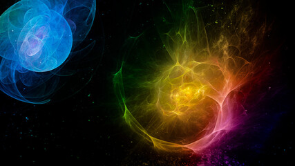 .Abstract fractal background with cosmic lights and planets. Colors of rainbow