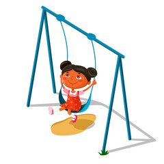 A cute cheerful girl is sitting on a swing at the playground. Cartoon vector illustration isolated on white background