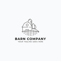 Fototapeta premium line art barn and silo with minimalist trees in the hill and fence logo vector illustration design