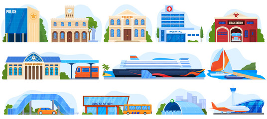 City buildings, architecture set of vector illustrations. Social services. Post office, fire station, police department and hospital. Urban buildings, port, pier, railway and bus station. Airport.