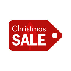 Rebajas de Navidad. Logotipo con texto Christmas Sale con árbol de navidad en etiqueta de precio en color rojo