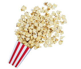 Popcorn in red and white classic box splashing out of the box that  isolated in a striped bucket on a white background and clipping path
