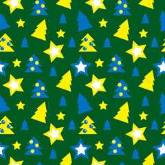 Seamless pattern of Christmas and New Year, vector illustration, stars and Christmas trees in yellow and blue on green background