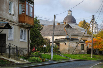 Old town street in autumn. Lutsk, Volyn, Ukraine. Ukrainian tourism.