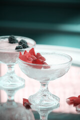 Creative food photography concept. Raspberry smoothie.  Healthy vegetarian food. 