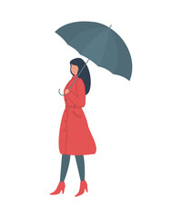 Young woman in a red coat holding an umbrella. Walking under the rain. Vector illustration in flat funky style