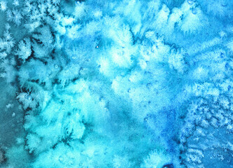 turquoise and blue watercolor background with spots, stains from the salt similar to snowflakes. Paper background. Background for decoration and your design. Watercolor background horizontal