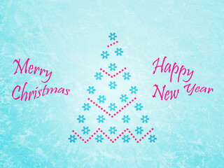 Fototapeta na wymiar Happy New Year and Merry Chistmas. Greeting card on an icy blue background. Stylized Christmas tree from snowflakes with a decorative ornament.