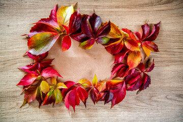 Fototapeta na wymiar Colorful autumn leaves on rustic wooden background with text