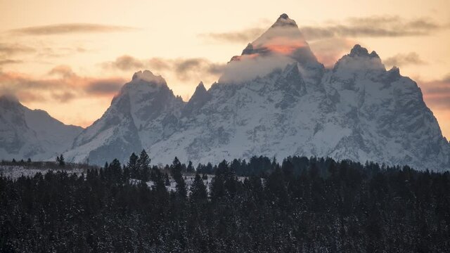 Grand Teton National Park Timelapse of Sunset over the Grand Teton and Signal Mountain. 