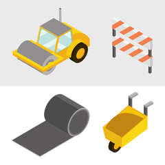 Naklejka premium construction set icons road roller truck wheelbarrow and barricade isometric