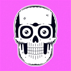 Funny skull. Modern logo. Halftone pink background.