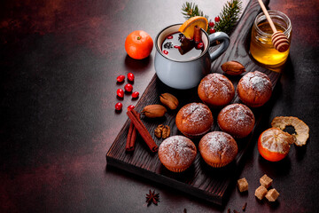 Beautiful delicious fresh cocoa muffins on the Christmas table