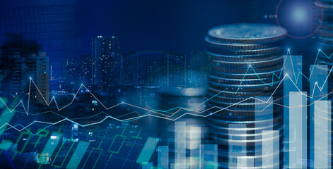 Financial investment concept, Double exposure of city night and stack of coins for finance investor, Forex trading candlestick chart, Cryptocurrency Digital economy. background for invest, recession.