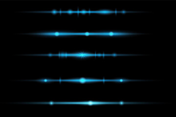 Blue horizontal lens flares pack. Laser beams, horizontal light rays.Beautiful light flares.