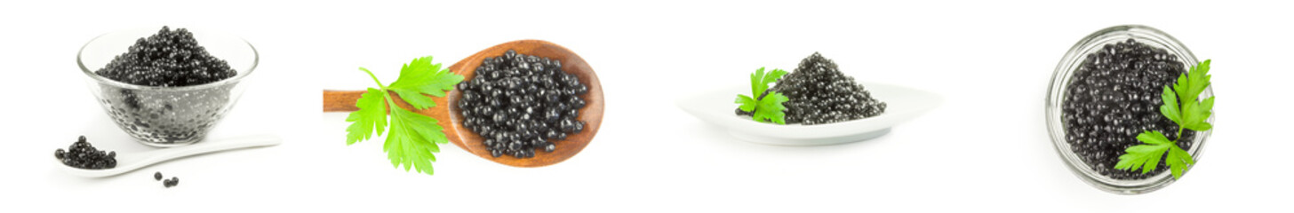 Collage of black caviar close-up on white