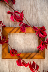 Empty photo frame and colorful autumn dry leaves on wooden background. 