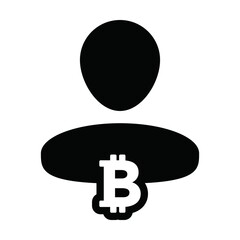 Avatar icon vector bitcoin blockchain cryptocurrency with male user person profile for digital wallet in a glyph pictogram illustration