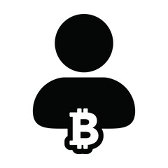 Cash icon vector bitcoin blockchain cryptocurrency with male person profile avatar for digital wallet in a glyph pictogram illustration