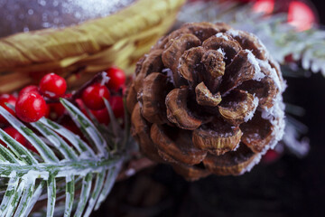 Christmas tree decoration. New Year's toys on the tree. Background toys on the Christmas tree. Holiday.